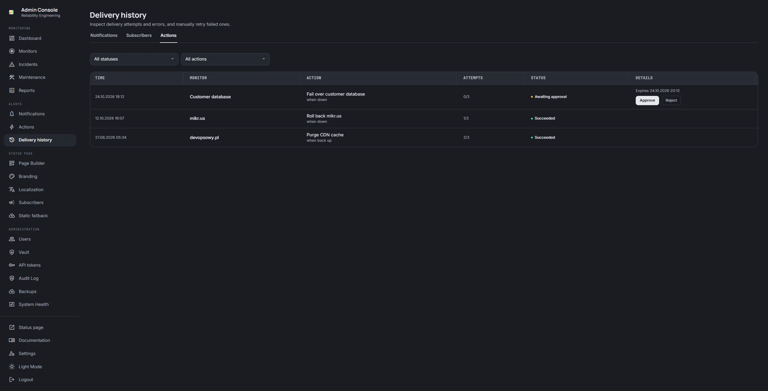 Action history: a database failover waits for approval with Approve and Reject buttons, two earlier runs succeeded