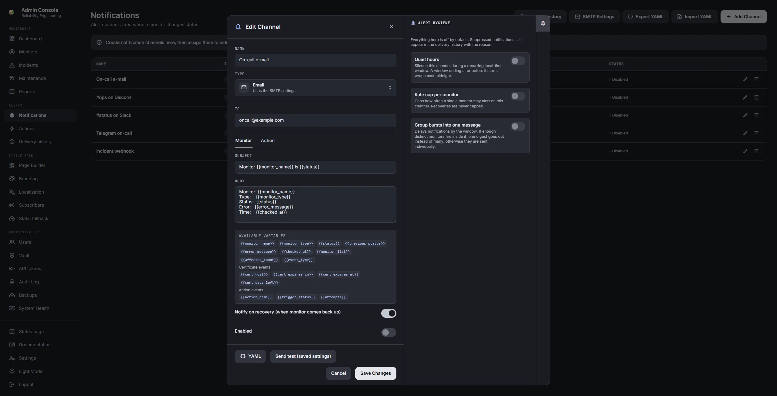 Editing the on-call e-mail channel: the standard subject and body on the Monitor tab, with the alert hygiene options for quiet hours, a rate cap and grouped bursts beside it