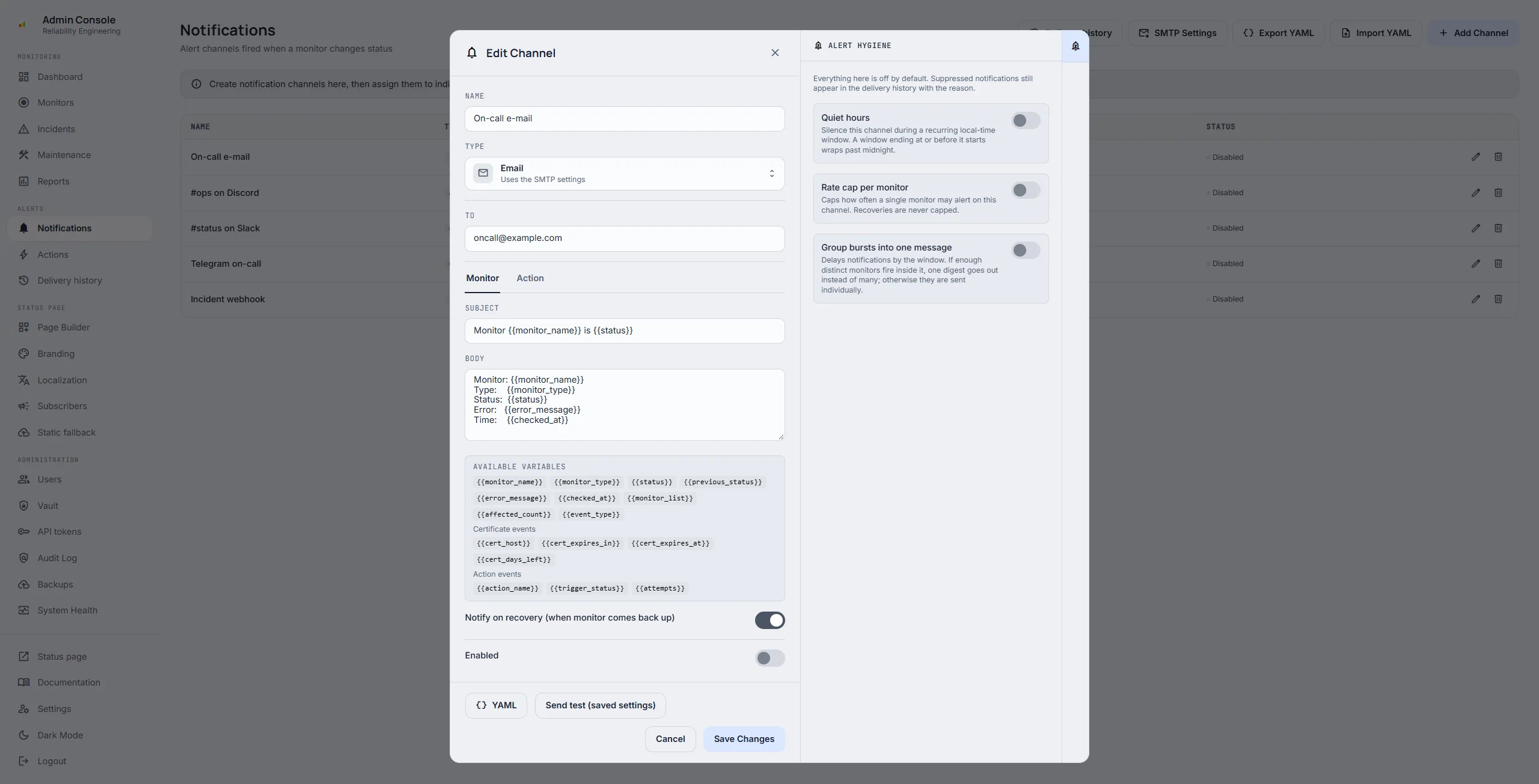 Editing the on-call e-mail channel: the standard subject and body on the Monitor tab, with the alert hygiene options for quiet hours, a rate cap and grouped bursts beside it