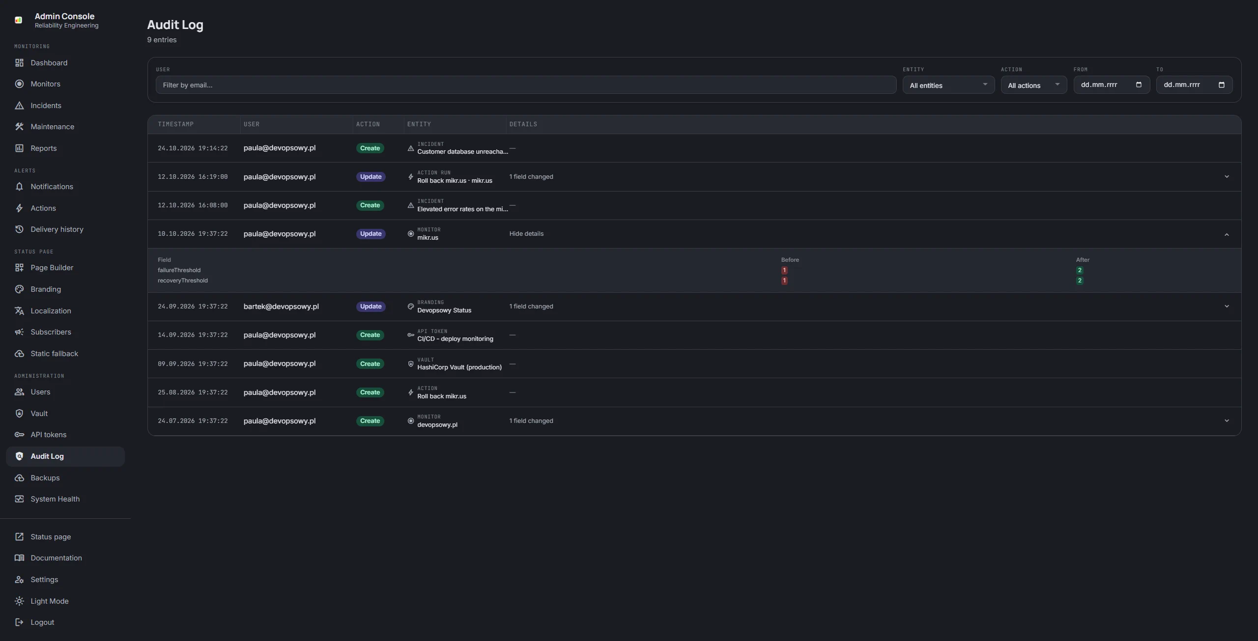 Audit log with an expanded entry: the mikr.us failure and recovery thresholds before and after the change