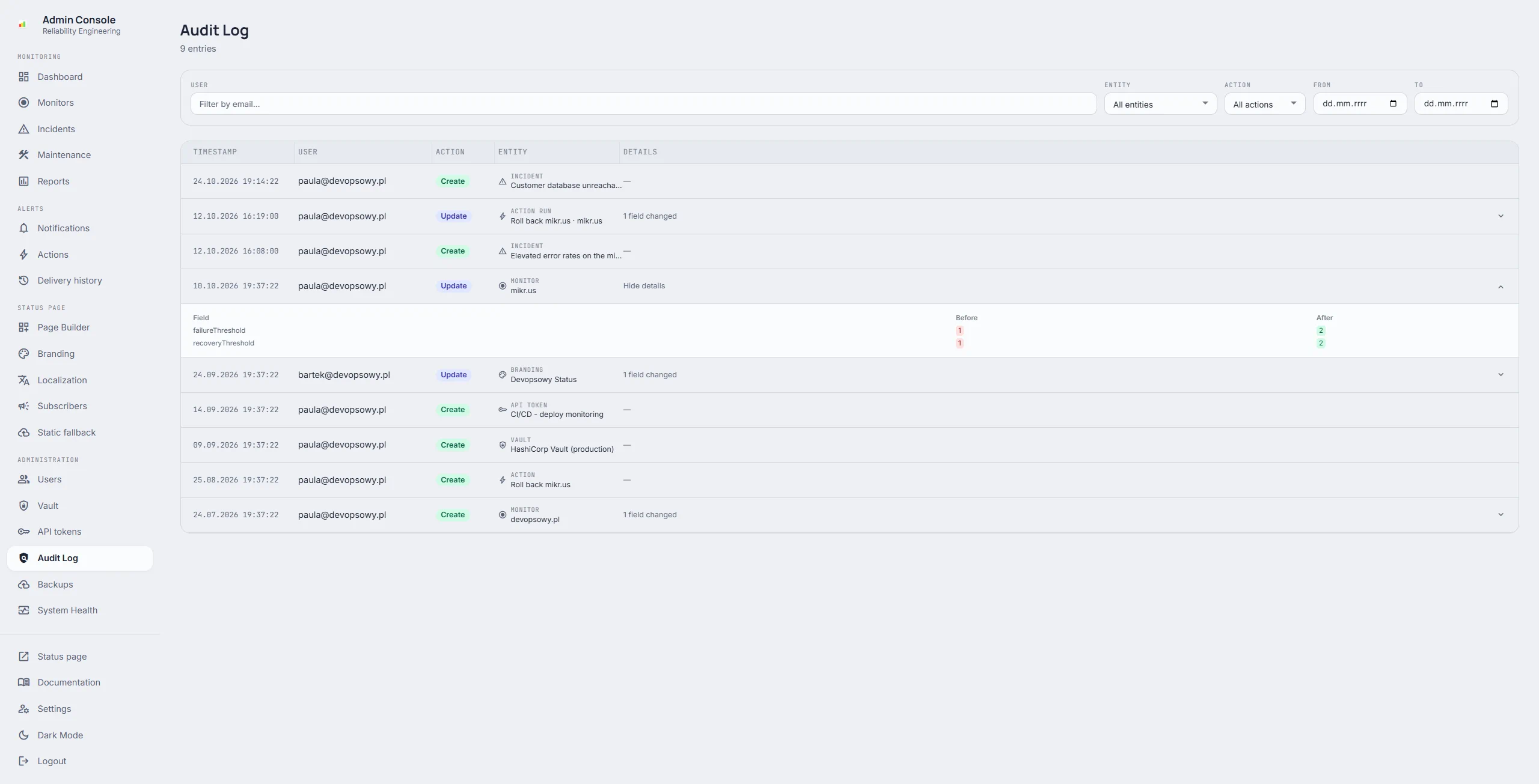 Audit log with an expanded entry: the mikr.us failure and recovery thresholds before and after the change