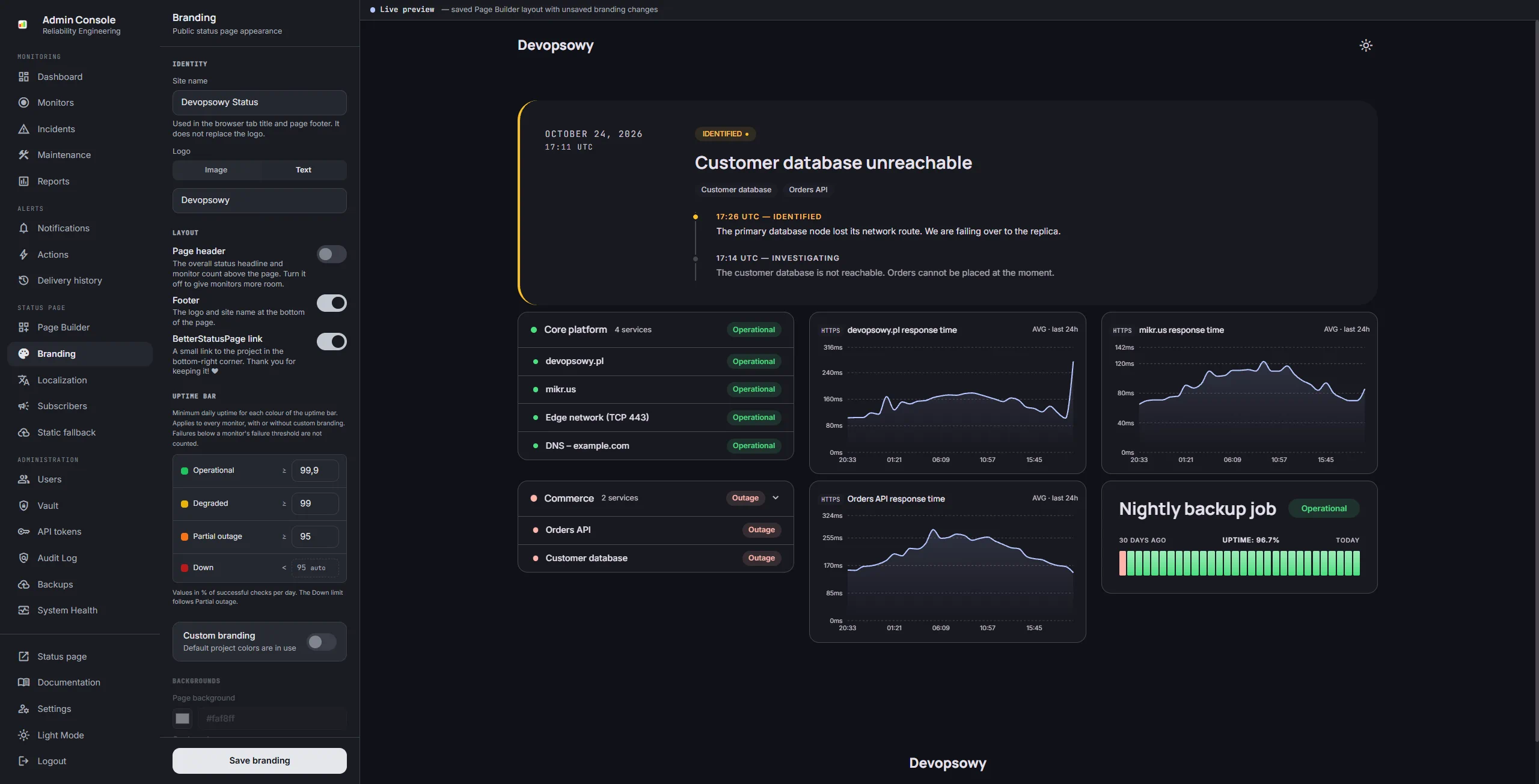 Branding settings for the status page with a live preview next to the form: the site name, a text logo and the header, footer and uptime bar options