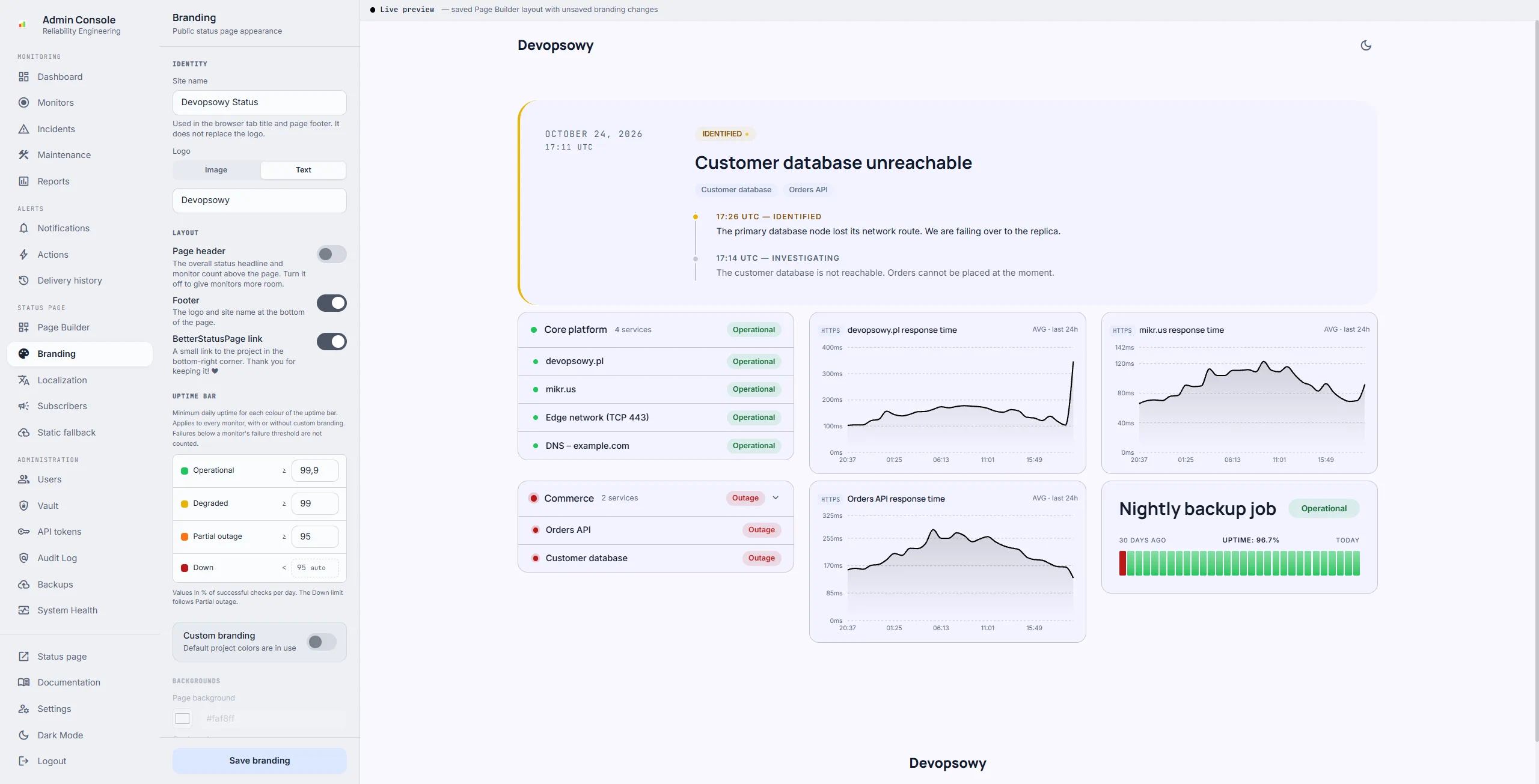 Branding settings for the status page with a live preview next to the form: the site name, a text logo and the header, footer and uptime bar options