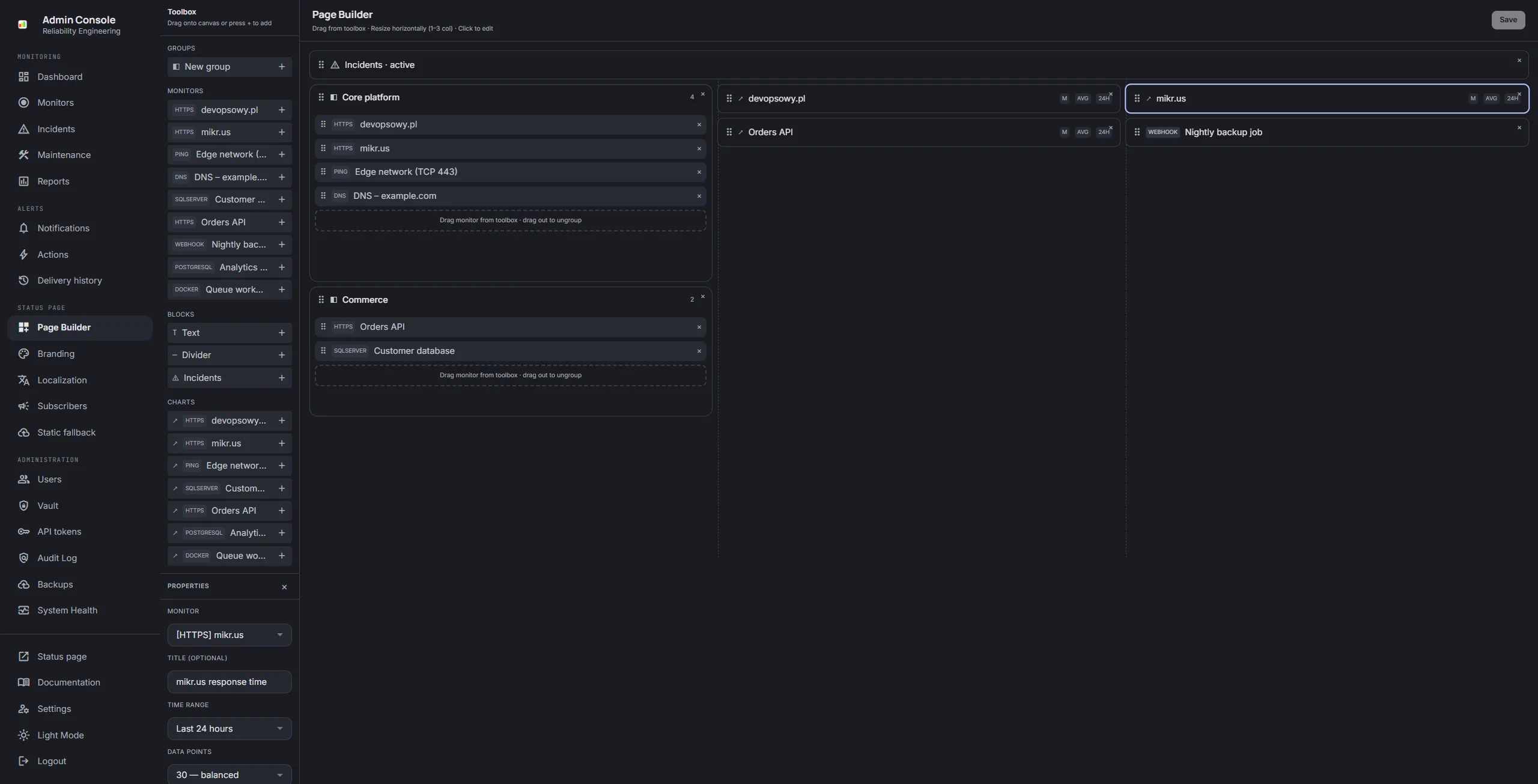 Page builder with blocks on a three-column grid and the mikr.us chart selected, its settings open beside the canvas