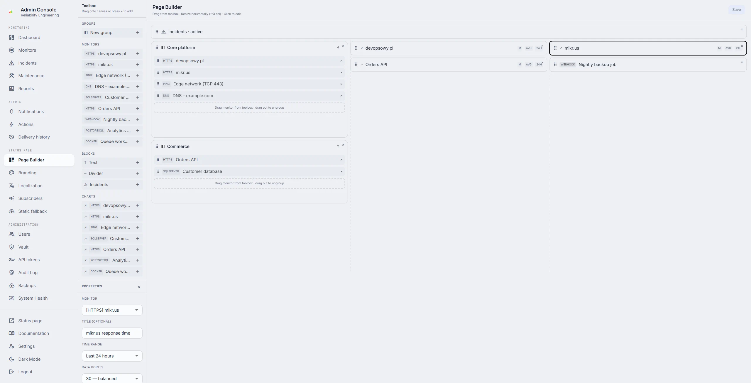 Page builder with blocks on a three-column grid and the mikr.us chart selected, its settings open beside the canvas