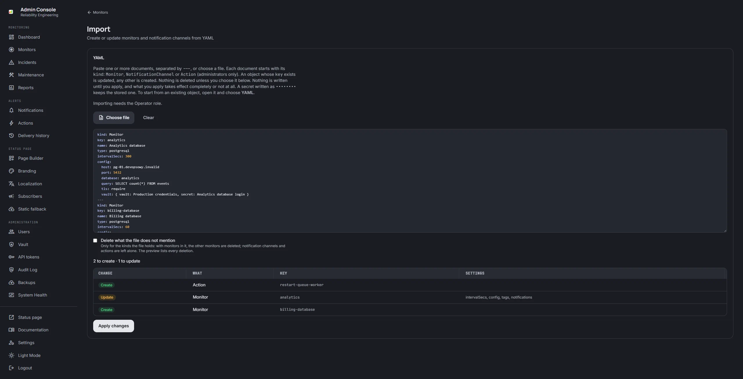 Importing YAML documents: two monitors to create and one to update, listed before anything is applied
