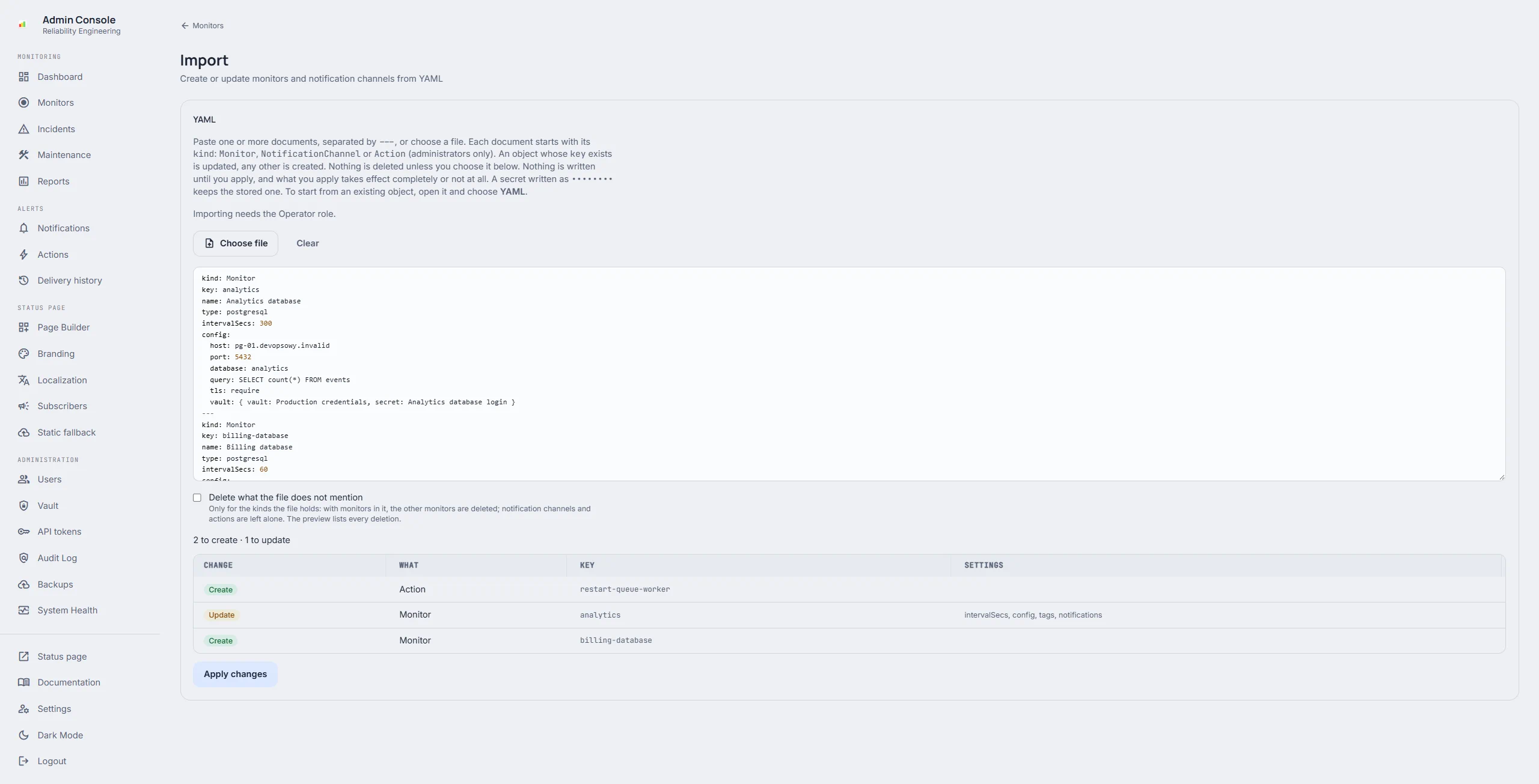 Importing YAML documents: two monitors to create and one to update, listed before anything is applied