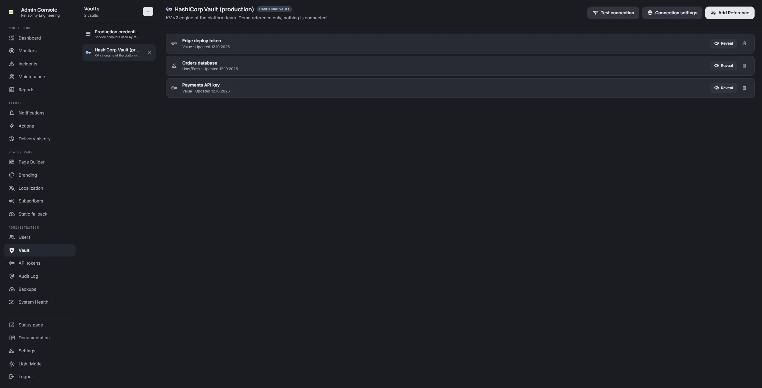 A HashiCorp Vault in the vault list with its secret references: the orders database login and two API keys